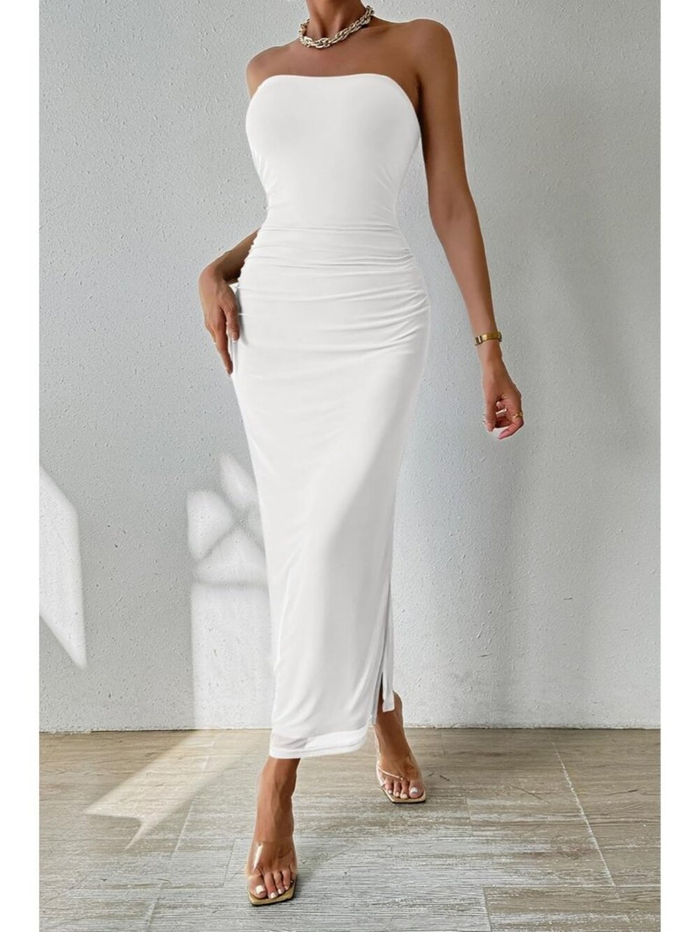 Women's White Strapless Bodycon Floral Maxi Dress Ruched Slit Party Gown - Picture 6 of 6